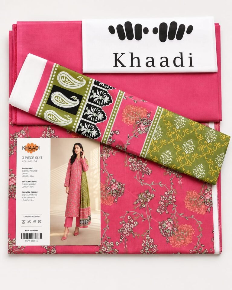 Khaadi 3 Piece Digital Printed Lawn Suit Pink with Olive Green Chiffon Dupatta Unstitched Summer Collection