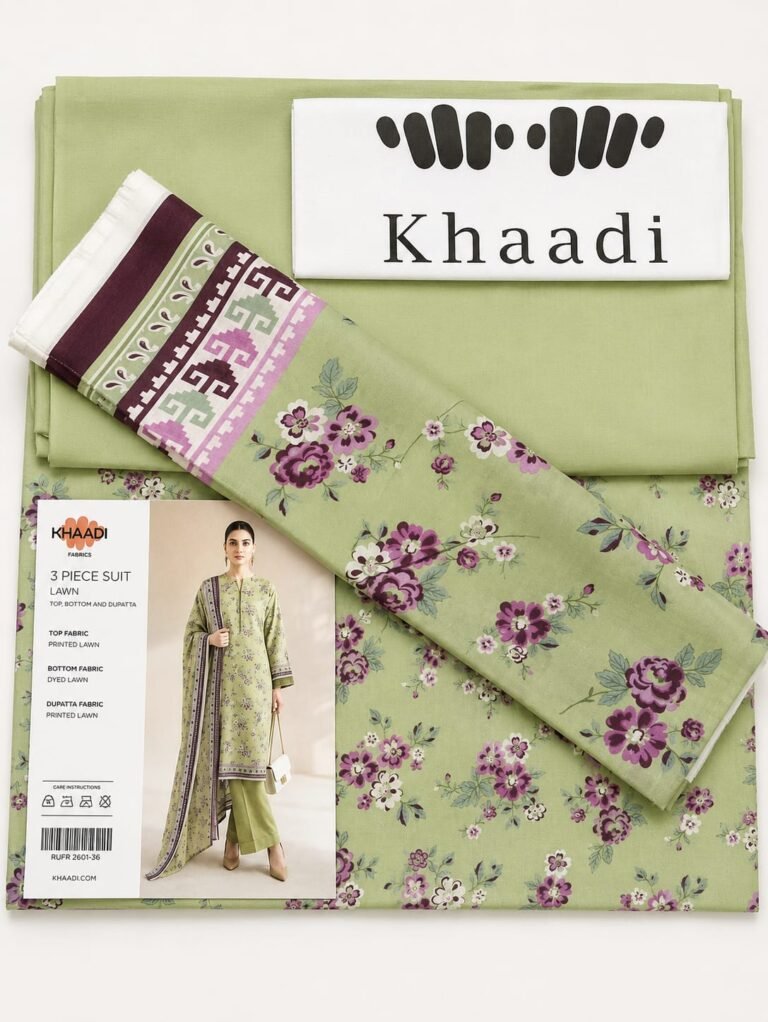 Khaadi 3 Piece Printed Lawn Suit Light Olive Green with Printed Lawn Dupatta Unstitched Summer Collection