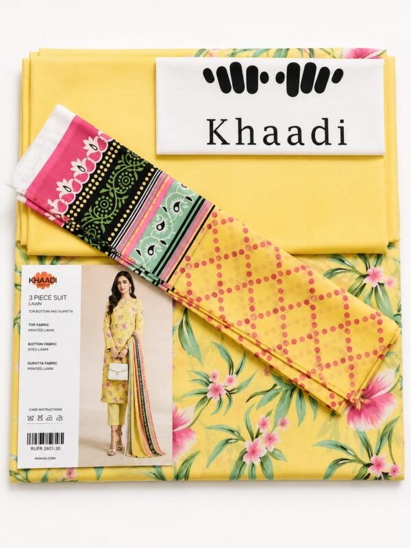 Khaadi 3 Piece Printed Lawn Suit Yellow Floral with Printed Lawn Dupatta Unstitched Summer Collection