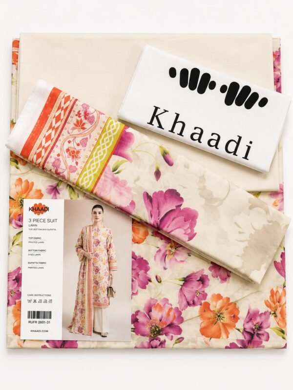 Khaadi 3 Piece Printed Lawn Suit Cream Floral with Printed Lawn Dupatta Unstitched Summer Collection