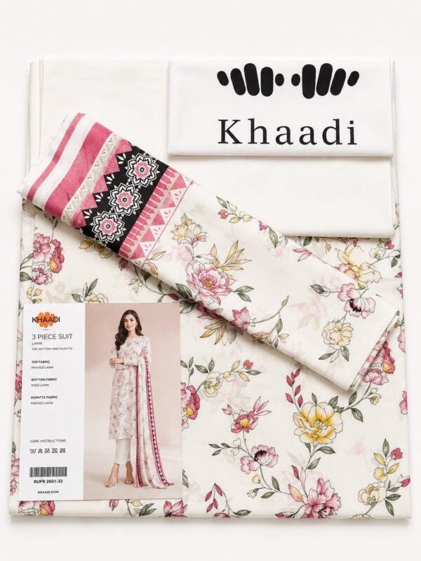 Khaadi 3 Piece Printed Lawn Suit White Floral with Printed Lawn Dupatta Unstitched Summer Collection