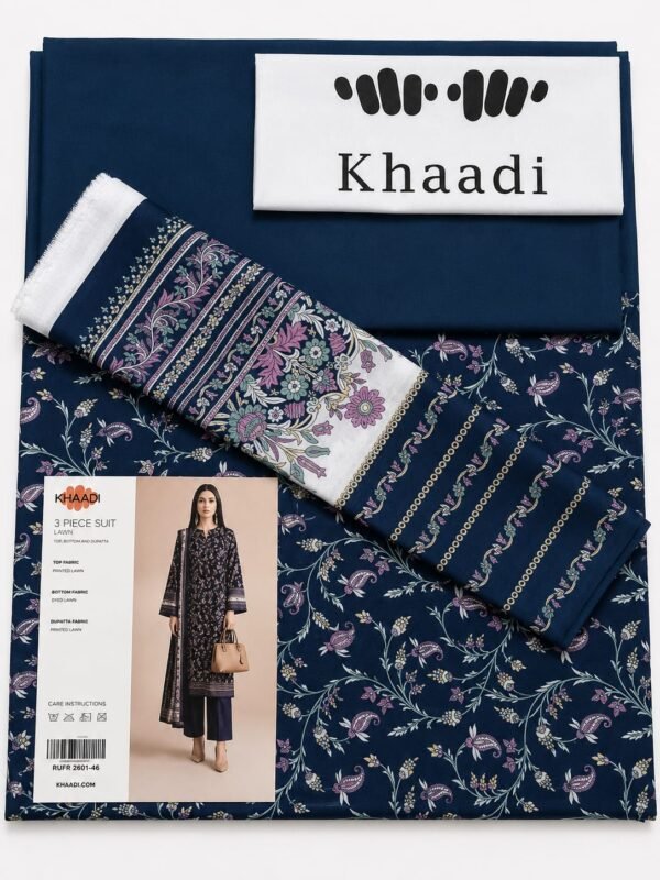 Khaadi 3 Piece Printed Lawn Suit Navy Blue with Printed Lawn Dupatta Unstitched Summer Collection