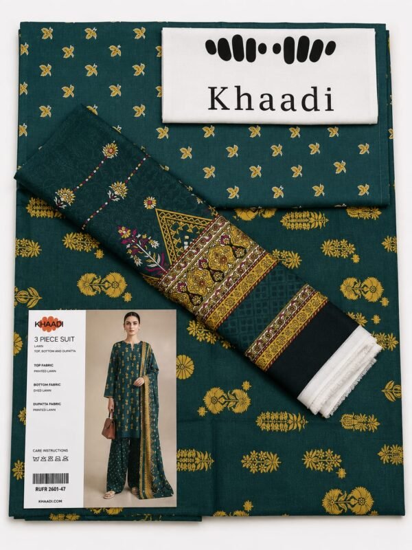 Khaadi 3 Piece Printed Lawn Suit Teal Green with Printed Lawn Dupatta Unstitched Summer Collection