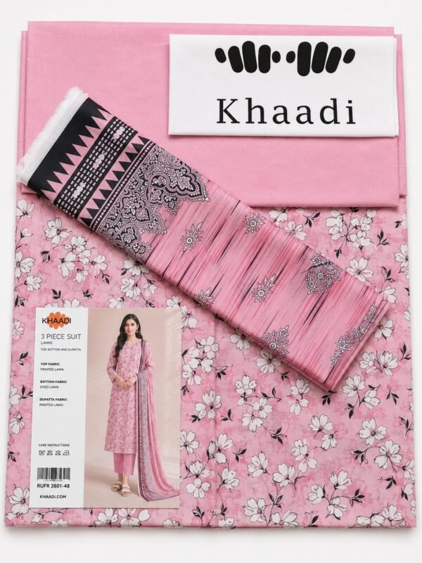 Khaadi 3 Piece Printed Lawn Suit RUFR 2601-48 Pink Floral Unstitched Premium Lawn Collection