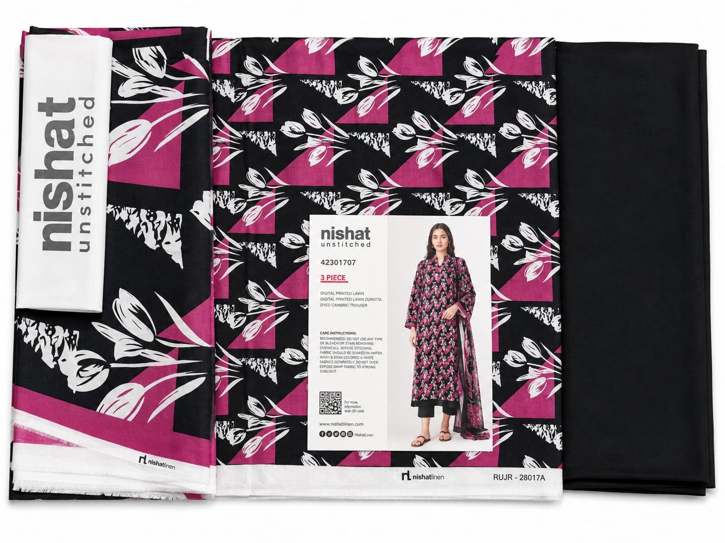 WhatsApp Image 2026-07-20 at 6.14.50 PM Nishat Unstitched 3 Piece Digital Printed Lawn Suit for Women – Black & Pink Floral - Image 1